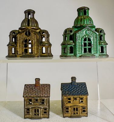 Four Cast Iron Building Banks. A.C. Williams Company. Ravenna, OH. 1915. Mosques are 4 1/4" Tall 