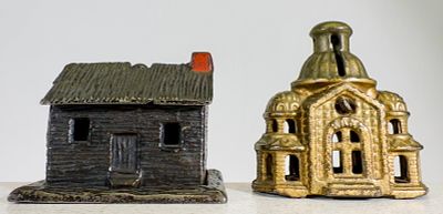 Log Cabin & Small Mosque - Cast Iron Still Banks. American 1880/1915. Mosque is 3 1/4" Tall x 3 