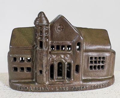 Reid Library - Lake Forest College - Cast Iron Bank. American Circa 1920's. 3 1/4" Tall x 5 1/4" 
