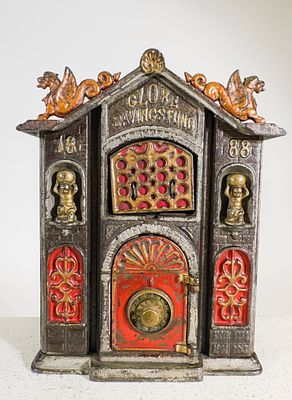 Globe Savings Fund - Cast Iron Mechanical Bank. Kyser and Rex Company. Philadelphia 1888. 7 1/8" 