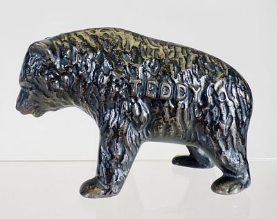 Teddy Bear - Cast Iron Still Bank. American 1920's. 2 1/2" Tall x 3 3/4" Wide. Tom Kellogg 