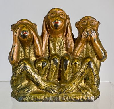 Three Wise Monkeys - Cast Iron Still Bank. A.C. Williams Company. Ravenna, OH. 1920's. 3 1/4" 
