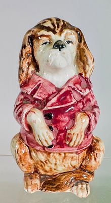Porcelain Dressed Dog - Still Bank. Austrian 1920's. 4 1/2" Tall x 2 1/2" Wide. Tom Kellogg 