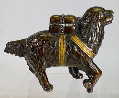St. Bernard with Pack - Large, Japanned with Gold Highlights - Still Bank. A.C. Williams 