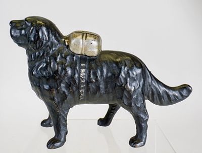 Dog - I Hear a Call - Cast Iron Still Bank - Scarce Version with Baffle. American 1910's. 5 1/8" 