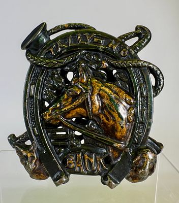 Tally Ho Bank - Very Scare in Black & Gold. English 1910's. 4 1/2" Tall x 4 1/4" Wide. Tom 