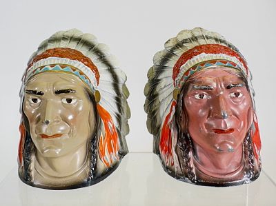 Two Indian Chief Bust Banks - Key Lock Trap. Japanese 1930's. 3 1/2" Tall x 2 3/4" Wide. Tom 