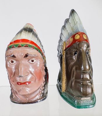 Two Narrow Indian Chief Bust Banks with Key Lock Traps. Japanese 1930's. 4" Tall x 3" Deep. Tom 