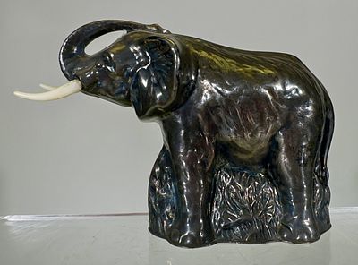 Silvered Tin Elephant Bank with KLT. German 1930's - 4" T - Tom Kellogg Collection Condition: 