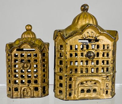 Two Domed Mosque Banks. A.C. Williams Co. - Ravenna, OH. 1910's - 4 3/4" T - Tom Kellogg 