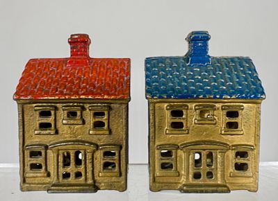Two House Cast Iron Banks. A.C. Williams Co. - Ravenna, OH. 1920 - 3" T - Tom Kellogg Collection 