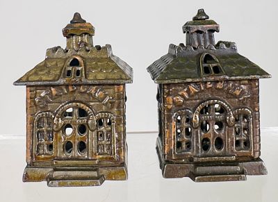 Two Cast Iron State Banks Small. Kenton Hardware - Kenton, OH. 1900 - 3 1/4"T - Tom Kellogg 