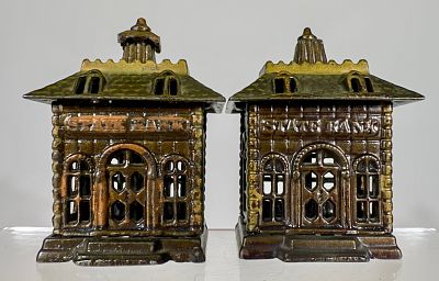 Two Midsize Cast Iron State Banks. Kenton Hardware - Kenton, OH. 1900 - 4 1/4"T - Tom Kellogg 
