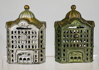 Two Dome Banks. A.C. Williams Co. - Ravenna, OH. 1915 - 4 3/4"T - Tom Kellogg Collection 