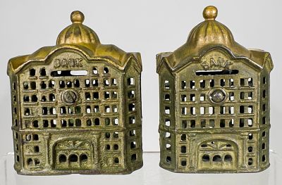 Two Dome Banks - 2 Sizes. A.C. Williams Co. - Ravenna, OH. 1915 - 5"T - Tom Kellogg Collection 
