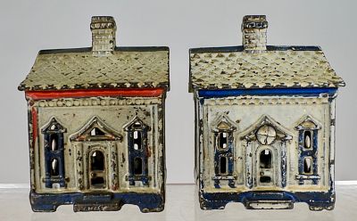 Two One Story House Banks. J &amp; E Stevens Co. - Cromwell, CT. 1890 - 3 1/4"T - Tom Kellogg 