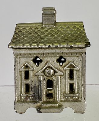 Quadrafoil House Bank Nickel Plated - Scarce. American 1890 - 3 1/4"T - Tom Kellogg Collection 