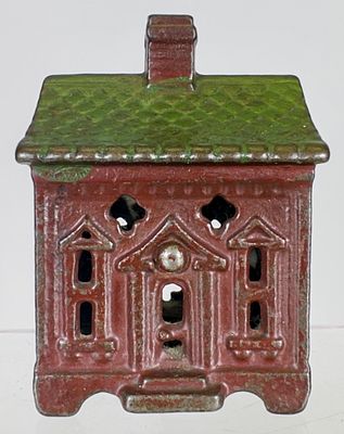 Quadrafoil House Bank - Brick Red and Green Version. American 1890 - 3 1/4"T - Tom Kellogg 