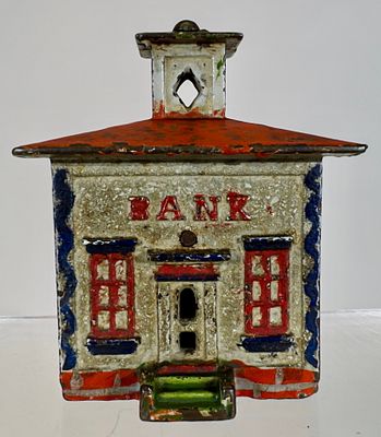 Cupola Bank - Medium Patriotic Colors. J &amp; E Stevens Co. - Cromwell, CT. 1880 - 4 1/4"T - 