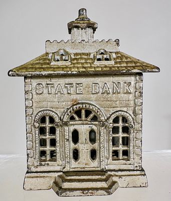 State Bank - Painted Silver. Grey Iron Casting Co. - Pennsylvania, 1900 - 5 3/4"T - Tom Kellogg 