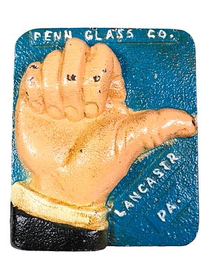 Penn Glass Co. Advertising Paperweight - Cast Iron. Lancaster, Pa. - Circa 1940's. 2 1/2" Tall x 