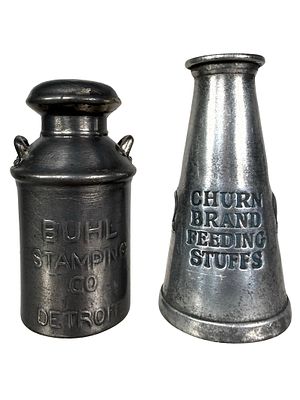 Two Lead Advertising Paperweights. Butter Churn &amp; Milk Canister. American - Circa 1940/50's. 