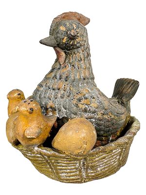 Hen and Chicks on Nest - Painted Ceramic Bank. American - 1890 - 4 3/4" Tall. The Mike Henry 