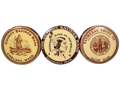 Three Celluloid Pocket Dime Banks. American - 1920's - 2 1/2" Circular. The Peirce Collection. 