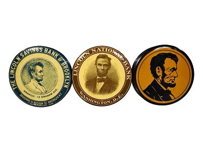 Three Celluloid Pocket Dime Banks. Abraham Lincoln Images. American - 1920's - 2 1/2" Circular. 