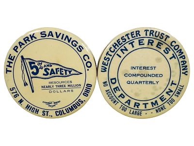 Two Celluloid Pocket Dime Banks. American - 1920's - 2 1/2" Circular. The Peirce Collection. 