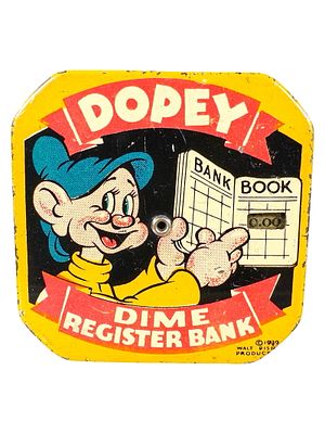 Dopey Daily Dime Bank. By Walt Disney Productions. American - 1939 - 2 1/2" Square. The Peirce 