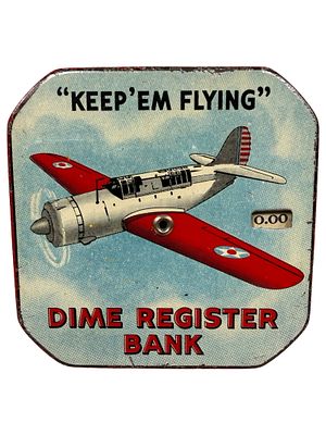 Keep 'Em Flying - Pocket Dime Register Bank - Level Plane - Scarce. By Durable Toy &amp; Novelty 