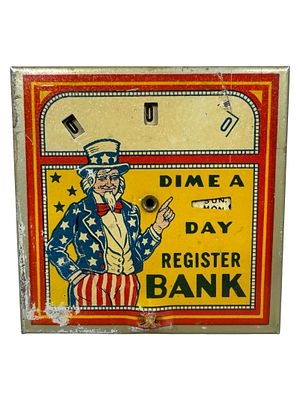 Uncle Sam with Advertising - Dime a Day Bank. By Durable Toy &amp; Novelty Corp. American - 