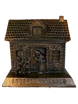 The Witch's Gingerbread Cottage - A Scarce Silvered Lead Toy Bank. Germany - 1910's - 3 1/4" 