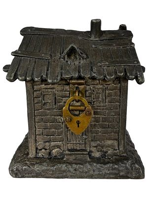 Thatched Farm Cottage - Unpainted Lead Toy Bank. Germany - 1900's - 3 3/8" Tall. The Clayton 