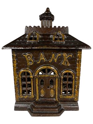 Bank with Eccentric Script. Unknown American Maker. Made Circa 1900 - 5 7/8" Tall. The Tom 