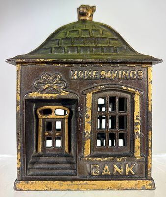 Home Savings Bank with Bear cub Finial. J &amp; E Stevens Co. - Cromwell, CT. 1891- 6 1/4"T Tom 
