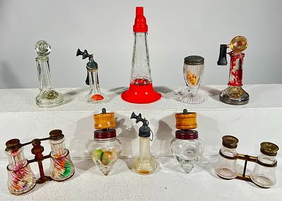 Ten Assorted Candy Containers. American- 1920's to 1940's- Tallest is 7" Condition: Fine to 