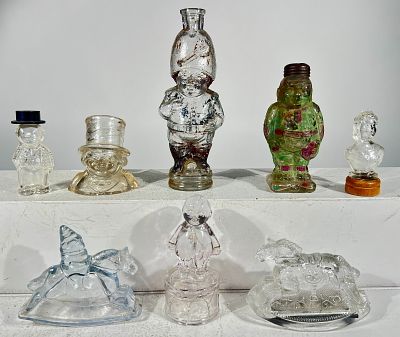 Eight Assorted Figural Glass Candy Containers- Several Missing tops or bottoms. American- 