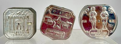Three Silver Tin Pocket Dime Register Banks. American 1930's - 2 1/2" - 3" W - The Peirce 