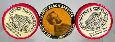 Three Celluloid Dime Register Banks. American 1920/30's - 2 1/2" Circular Condition: Excellent Plus