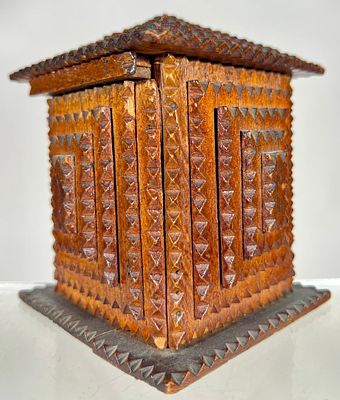 Tramp Art Constructed - Wooden Mystery Bank. American 1920's - 4 3/4"W x 5 1/4"T - The Peirce 