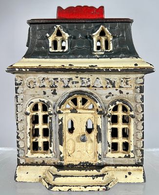 City Bank - Narrow Building - Scarce. J &amp; E Stevens Co. - Cromwell, CT. 1870's - 4 1/4"W x 5 