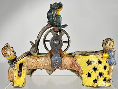 Professor Pug Frogs Great Bicycle Feat Mechanical Bank. J &amp; E Stevens Co. - Cromwell, CT. 