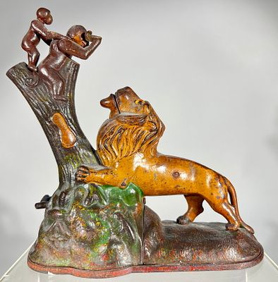 Lion and Two Monkeys Cast Iron Mechanical Bank. Kyser and Rex Co. - Philadelphia 1880's - 9 