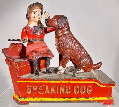 Speaking Dog Mechanical Bank - Shepard Hardware Version Red Dress Variation. Shepard Hardware 