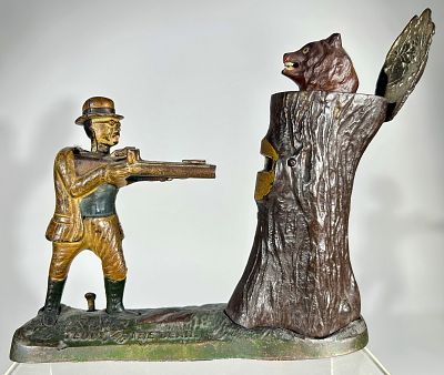 Teddy and the Bear Cast Iron Mechanical Bank. J &amp; E Stevens Co. - Cromwell, CT. 1907 - 7 