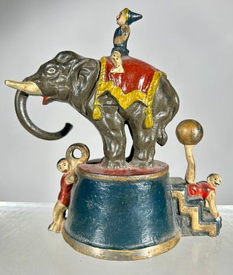 Elephant and Three Clowns Cast Iron Mechanical Bank. J &amp; E Stevens Co. - Cromwell, CT. 1882 