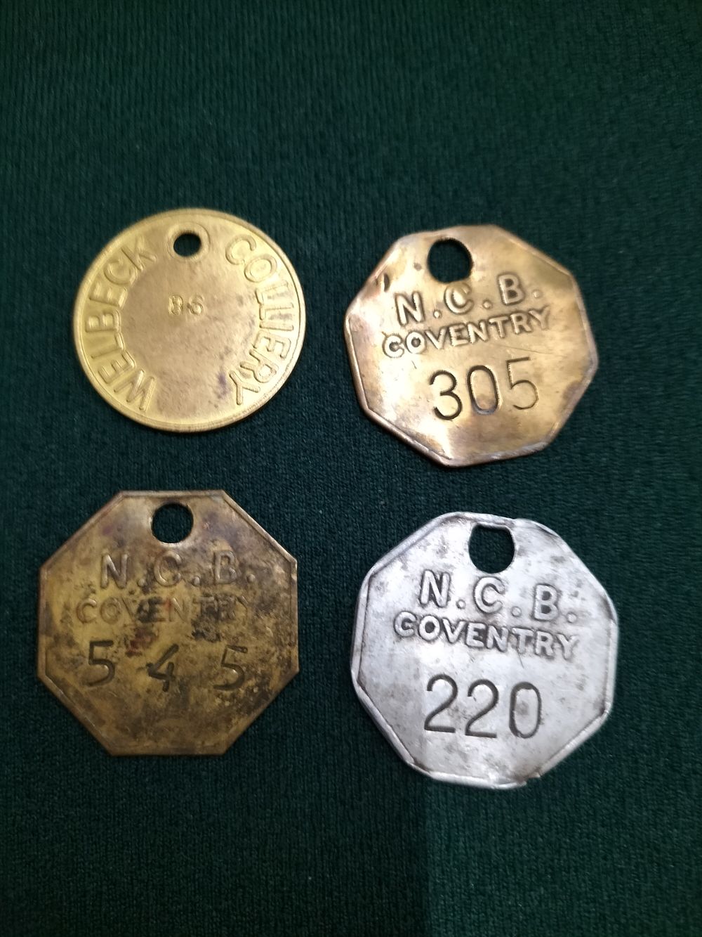 Lot 202 – National Coal Board and Welbeck Colliery, Industrial Mining Check Tokens, Set of Four, Mid-20th Century