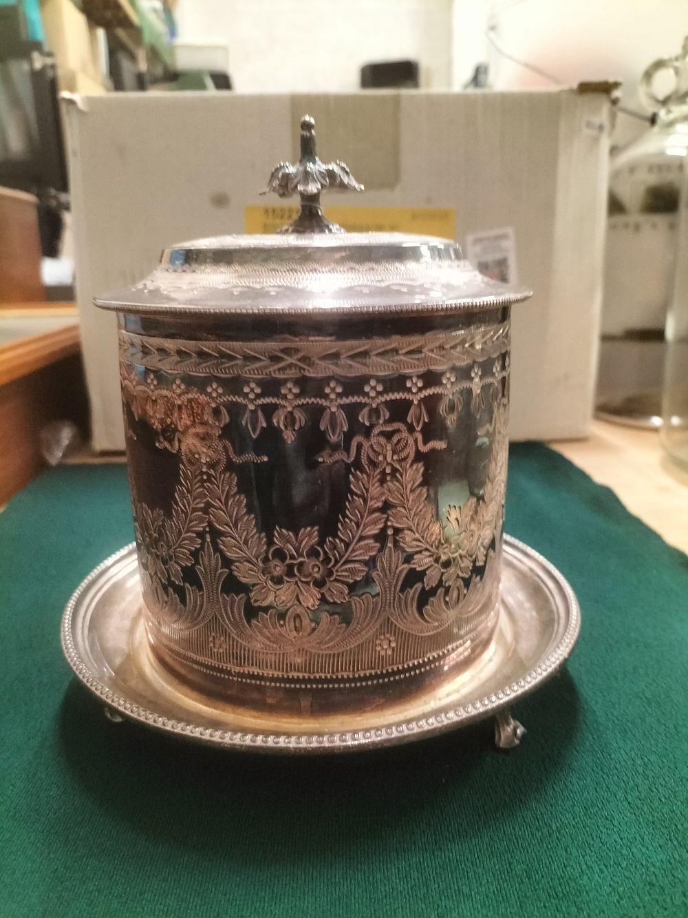 Lot 242 – Atkin Brothers Victorian Silver-Plated Engraved Biscuit Barrel with Integral Tray